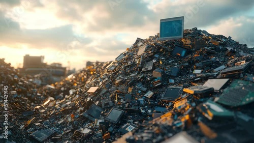Large pile of electronic waste including discarded circuit boards and computer parts cloudy sky, highlighting pollution, landfill issues, e waste recycling challenges, and technology scrap disposal