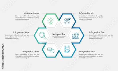 Infographic hexagon design template. The pie chart is divided into 6 parts. Presentation, Banner, Plan and Strategy. Vector illustration.