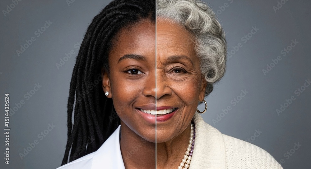 Naklejka premium A split image showing a black african american woman with half the face young and the other half an old senior woman, age comparison, before and after, elderly, youth, mature, face, contrast, concept,