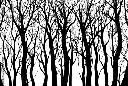 Silhouettes of bare trees against a white background.