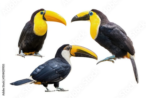 Striking toucan portrait in multiple angles, vivid beak, yellow chest, and blue eyes showcased in detail wildlife imagery isolated on white background