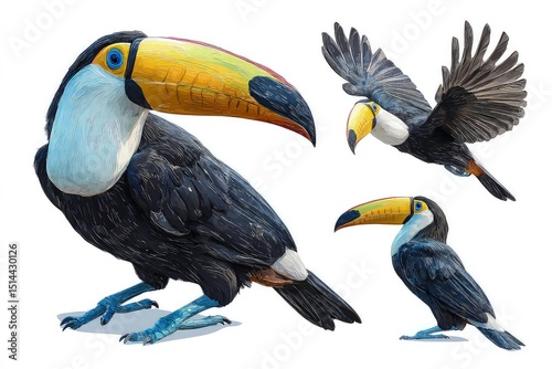 Striking toucan portrait in multiple angles, vivid beak, yellow chest, and blue eyes showcased in detail wildlife imagery isolated on white background