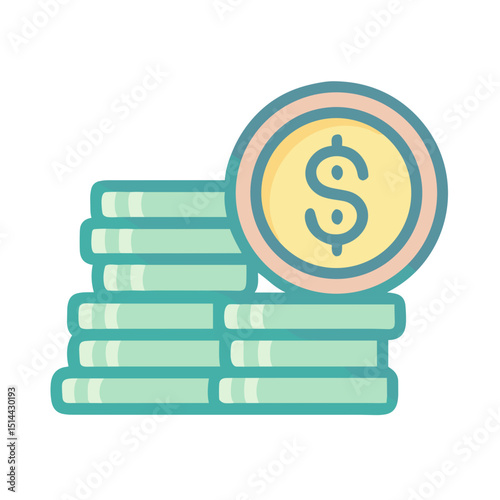 Green and Gold Dollar Coin Stack Icon - Vector Graphic for Financial Growth Websites, Savings Apps, Investment Education and Money Management Digital Materials