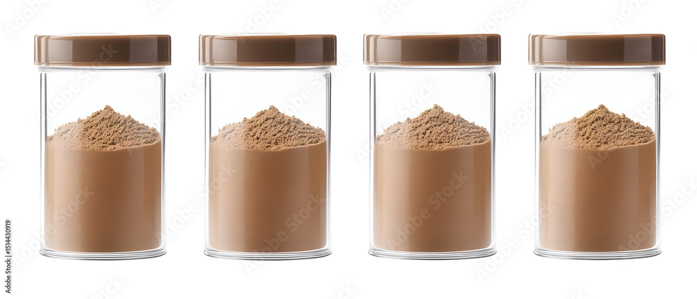 Fototapeta premium Four Transparent Glass Jars Containing Brown Powder with Brown Lids Isolated on Transparent Background