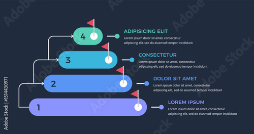 Pyramid diagram template with four elements connected with arrows, dark background, vector eps10 illustration