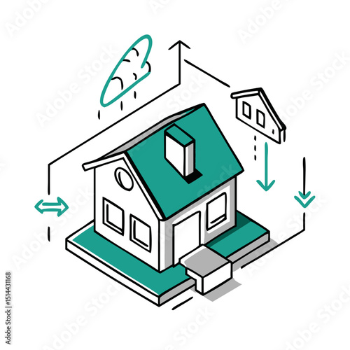 Isometric House Icon with Teal Accents - Vector Graphic for Real Estate Websites, Home Services Apps, Property Management Platforms and Housing Market Educational Materials