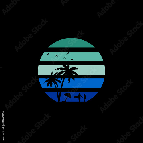 Tropical beach blue Sunset with palm trees & birds ( summer Vector illustration )