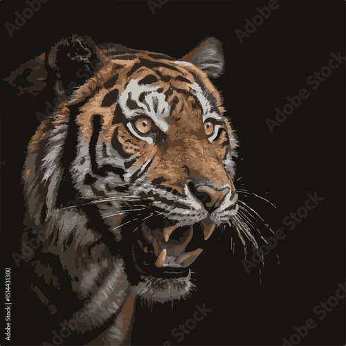 Majestic tiger portrait against black background