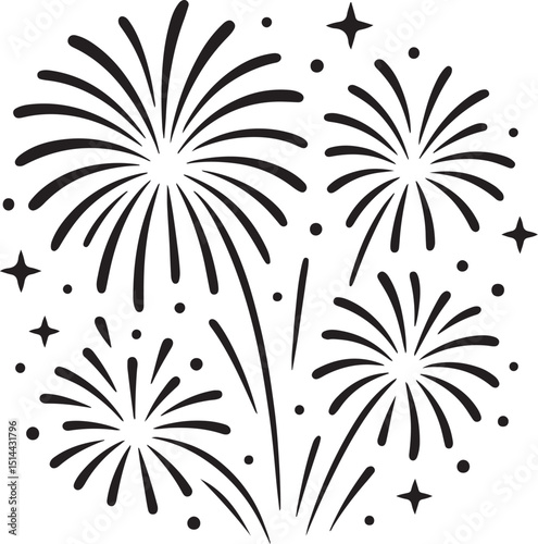 Fireworks exploding in night sky, line art vector