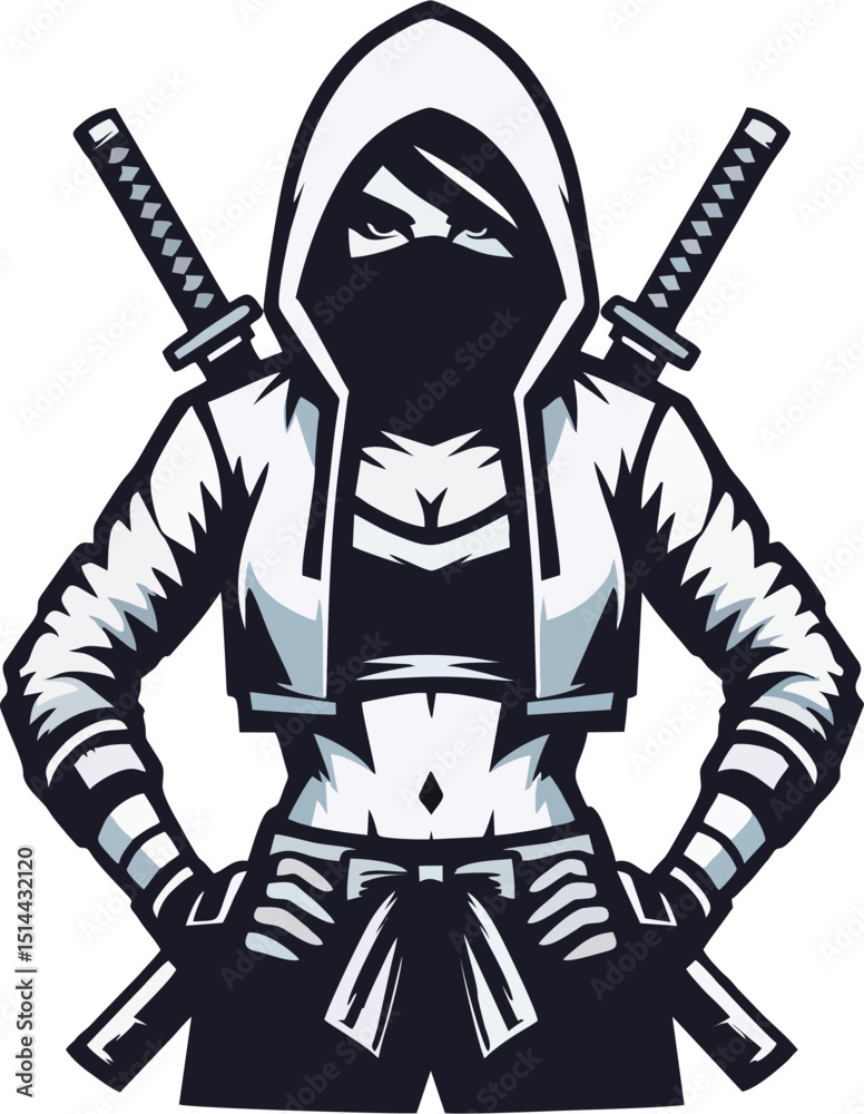 Fototapeta premium Fierce Female Ninja Character with Twin Katanas – Vector Esports Mascot Design