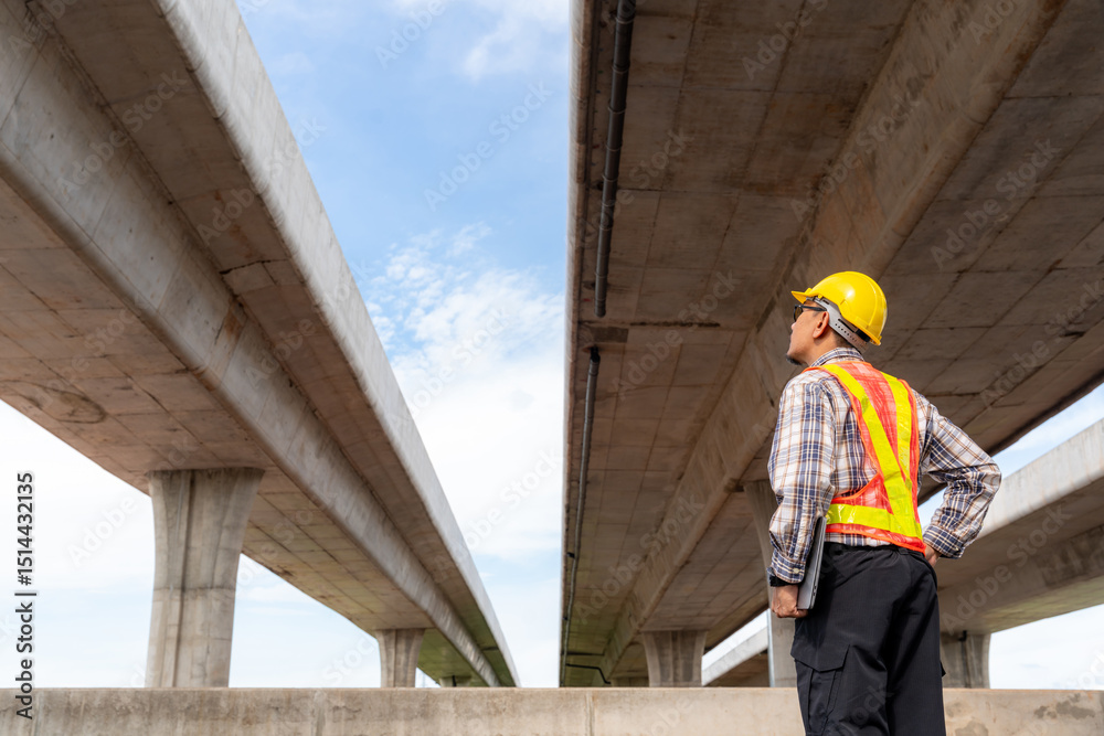 An engineer, wearing a protective helmet and safety vest, inspects the structural integrity of a concrete overpass against a clear, bright sky. An engineer, wearing a protective helmet and safety vest, inspects the structural integrity of a concrete overpass against a clear, bright sky.