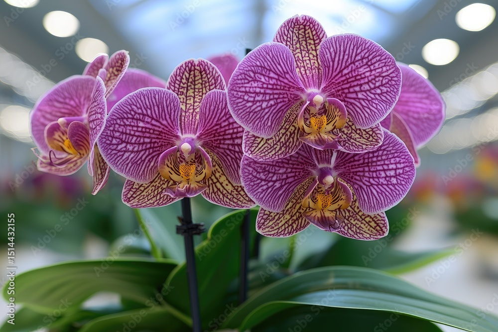 Fototapeta premium Close-up of vibrant purple orchids in a greenhouse setting.