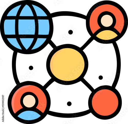 Globe connected to four people, symbolizing global communication and connectivity. Suitable for international business, teamwork, global network concepts.