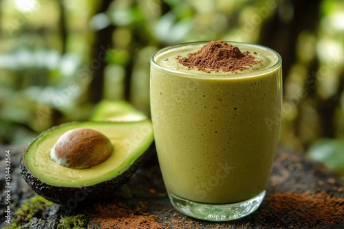 Refreshing green smoothie topped with cocoa powder, beside avocado. photo