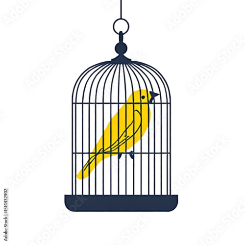 Stylized yellow canary inside a birdcage in a minimalist and elegant design