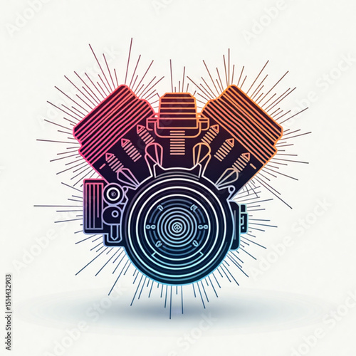 Stylized engine illustration with colorful bursts in a dynamic and modern design