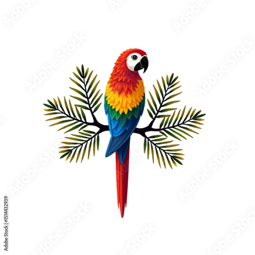 Colorful parrot perched on tropical leaves in a vibrant and artistic illustration