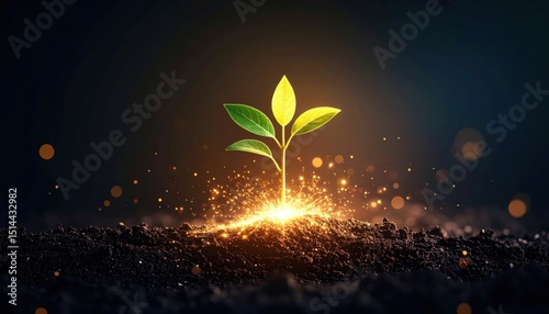 Sparkling Green Plant Growth, Spark effect evolving into growing plant visualization, life cycle representation.