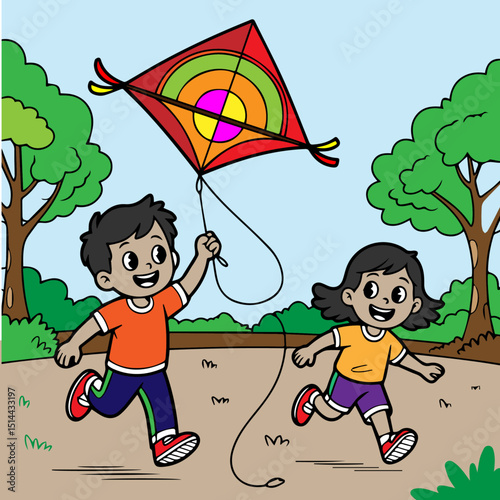 boy and girl flying kite 