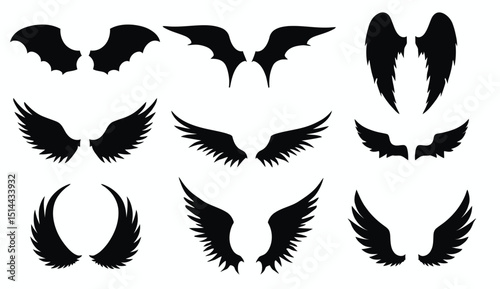 Vector Collection of Angel, Demon, and Bat Wings Silhouettes Isolated on White.