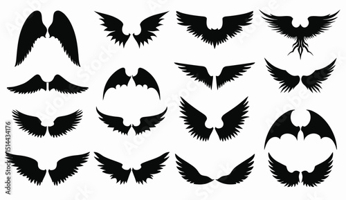 Diverse Collection of Wing Silhouettes: Angelic, Demonic, and Fantasy Styles for Creative Design.