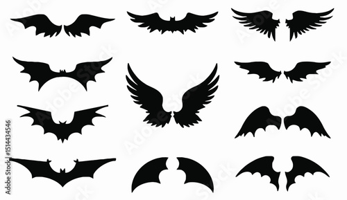Collection of Silhouette Wing Vectors: Angel Wings, Bat Wings, and Bird Wings.