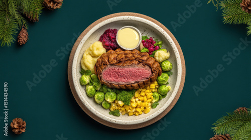 Juicy perfectly cooked medium rare steak sliced in half served with mashed potatoes creamy sauce fresh broccoli roasted cauliflower and colorful corn on a stylish green and beige ceramic plate photo