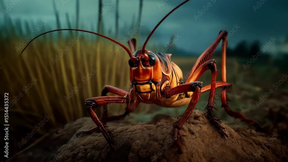 Macro shot showcasing large Lubber grasshopper on mound of dirt in natural outdoor habitat during twilight hours