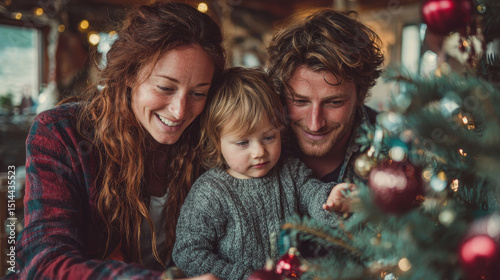 Happy family celebrating Christmas together decorating festive tree with ornaments and lights enjoying holiday season indoors in cozy home environment