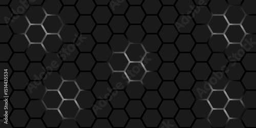 Dark Hexagon Background Geometric Seamless White Glow Tech Pattern Honeycomb Shapes Matte Surface Background Design.