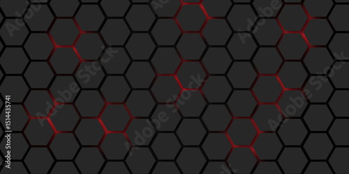Dark Hexagon Background Geometric Seamless Red Glow Tech Pattern Honeycomb Shapes Matte Surface Background Design.