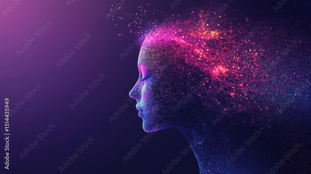 Fototapeta premium Ethereal portrait of a woman illuminated with cosmic light, profile view