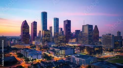 Houston's Evening Radiance: A Captivating Skyline View Bathed in Twilight Hues