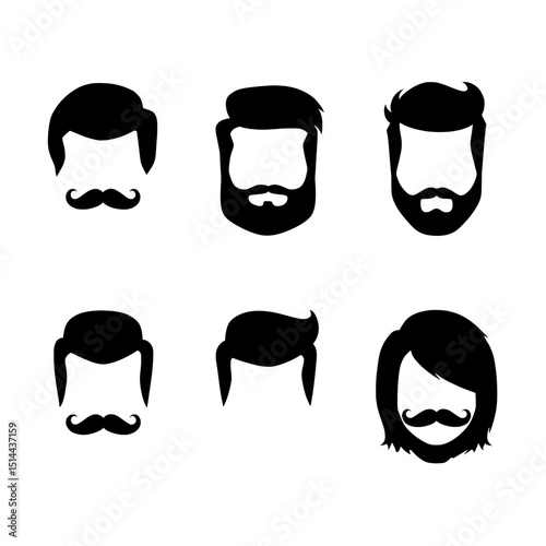 Collection of six stylized black and white male hair and beard icons