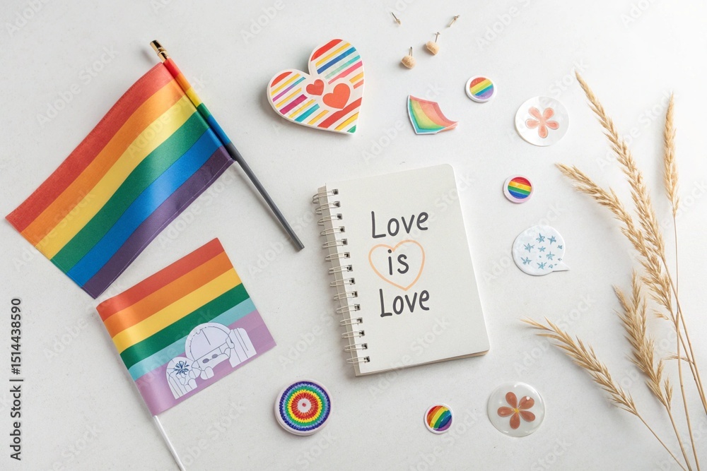 Fototapeta premium Rainbow flags, pins, inclusive stickers, and a journal with the words “Love is Love.” Soft tones, natural light.