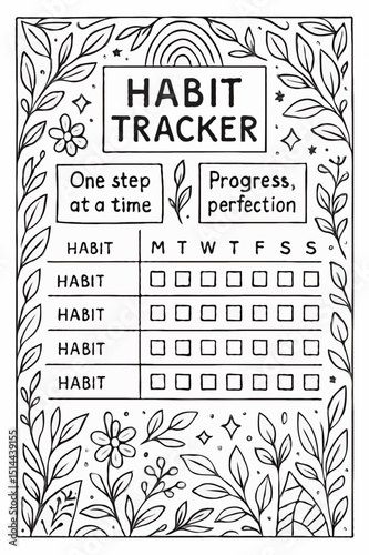 Floral Habit Tracker Printable - Wellness and Productivity Coloring Page