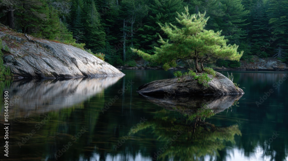 Serene Island Tree in Lake Reflection: A lone tree stands defiantly on a small island in the middle of a still lake, surrounded by the deep green of a boreal forest. Serene Island Tree in Lake Reflection: A lone tree stands defiantly on a small island in the middle of a still lake, surrounded by the deep green of a boreal forest.