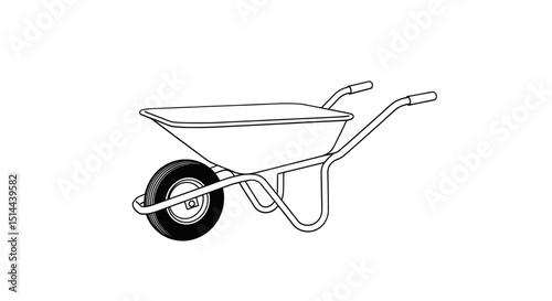 Monochrome Line Art Illustration of a Simple Black Wheelbarrow Outline on transparent Background