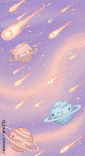 Whimsical pastel galaxy scene with cartoon planets and shooting stars art