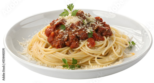 Plate with individual serving of spaghetti bologna isolated on white background.