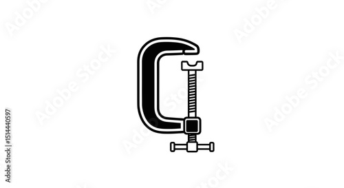 Minimalist Black and White Illustration of a Metal C Clamp Tool Against Black Backdrop