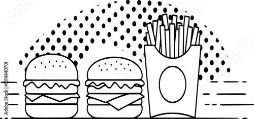 hamburger, cheeseburger, fast food, silhouette, black and white, polka dots, line art, minimalist, simple

