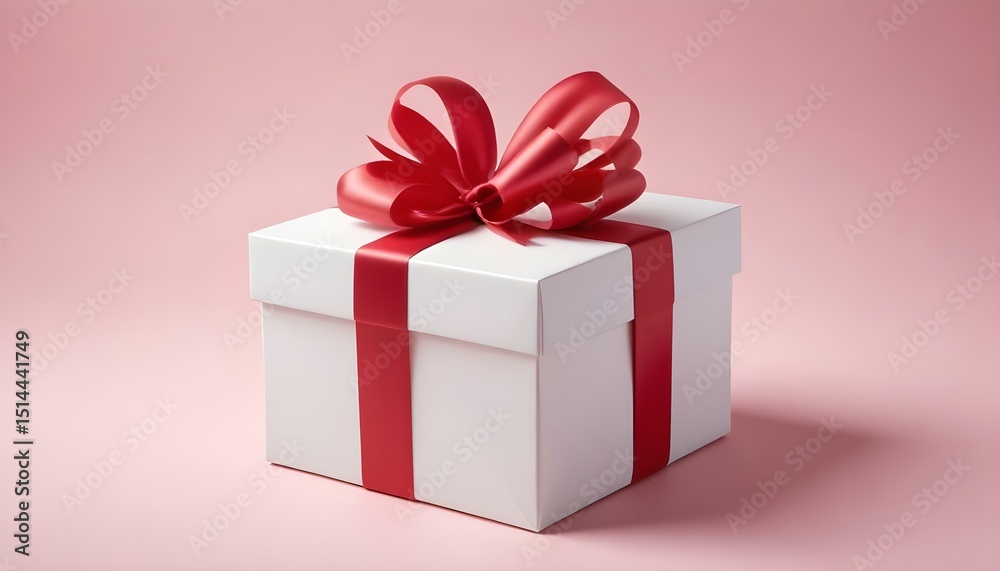 Obraz premium A pristine white gift box, elegantly wrapped with a striking red ribbon and bow against a pink backdrop.