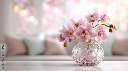 Elegant pink orchid flowers in a glass vase on a bright living room table with blurred background and cozy cushions for home decor and floral arrangement