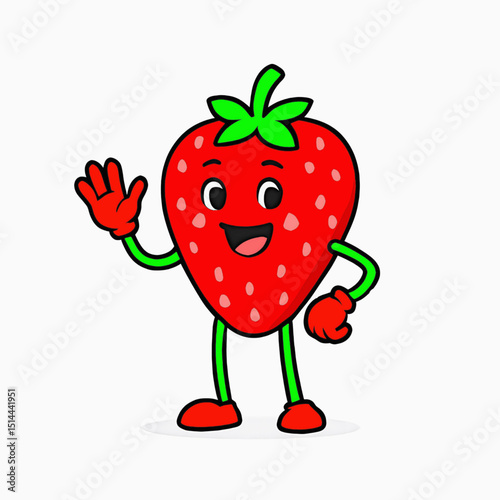 Cute Strawberry Cartoon Character Waving Hand