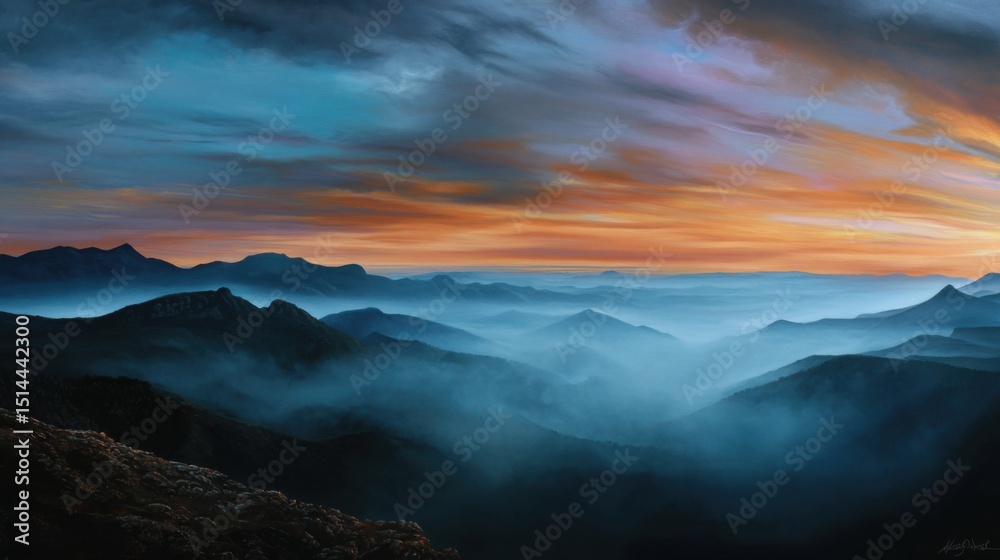 Obraz premium Mountains Horizon: An inspiring depiction of an awe-inspiring landscape, the photograph displays a beautiful expanse of majestic mountains, bathed in a vibrant palette of warm and cool hues.
