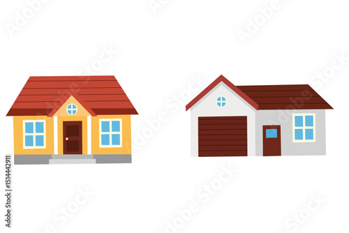 Set of two different house vector illustrations, each with unique roof and wall styles. Suitable for real estate presentations, urban planning visuals, and architectural design.