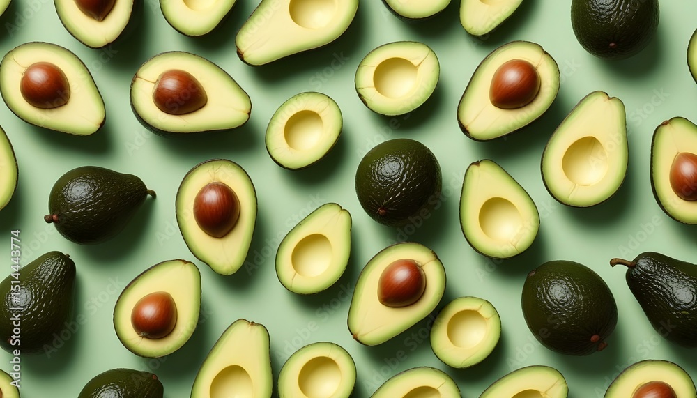 Vibrant overhead shot featuring a colorful arrangement of ripe avocados on green.