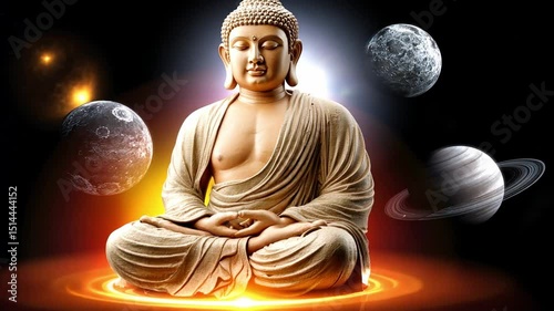Serene Buddha Statue Surrounded by Cosmic Elements, Radiating Peace and Harmony in a Mystical Universe