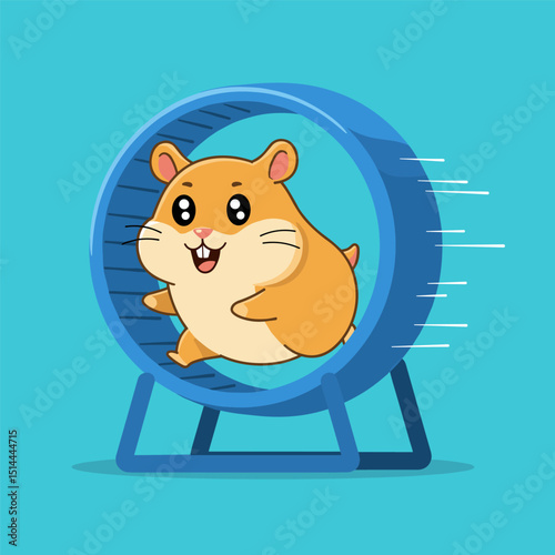 A happy cartoon hamster running on a blue exercise wheel